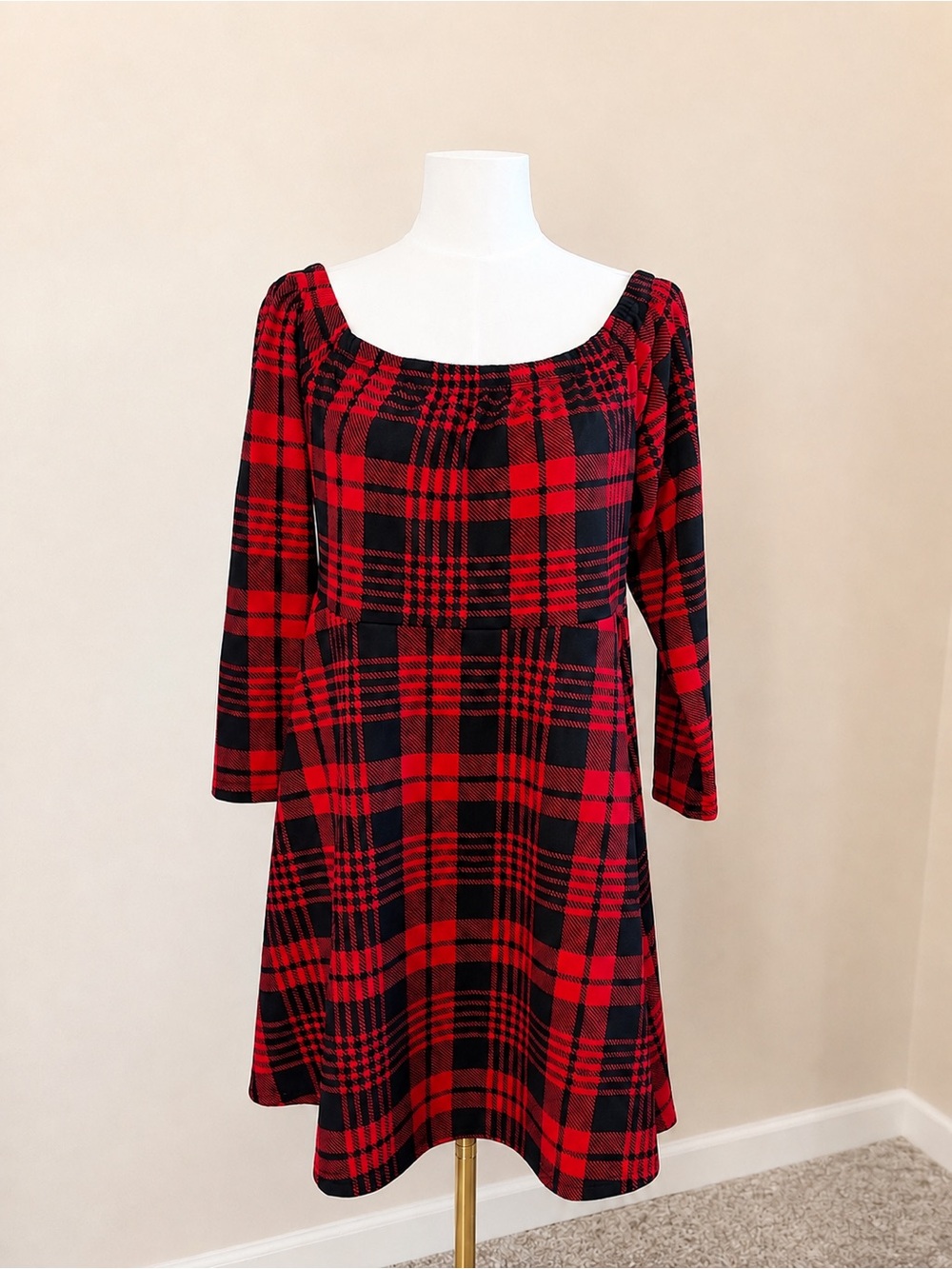 SHEIN Curve Red Black Plaid Square Neck A-Line Dress 0XL Long Sleeve